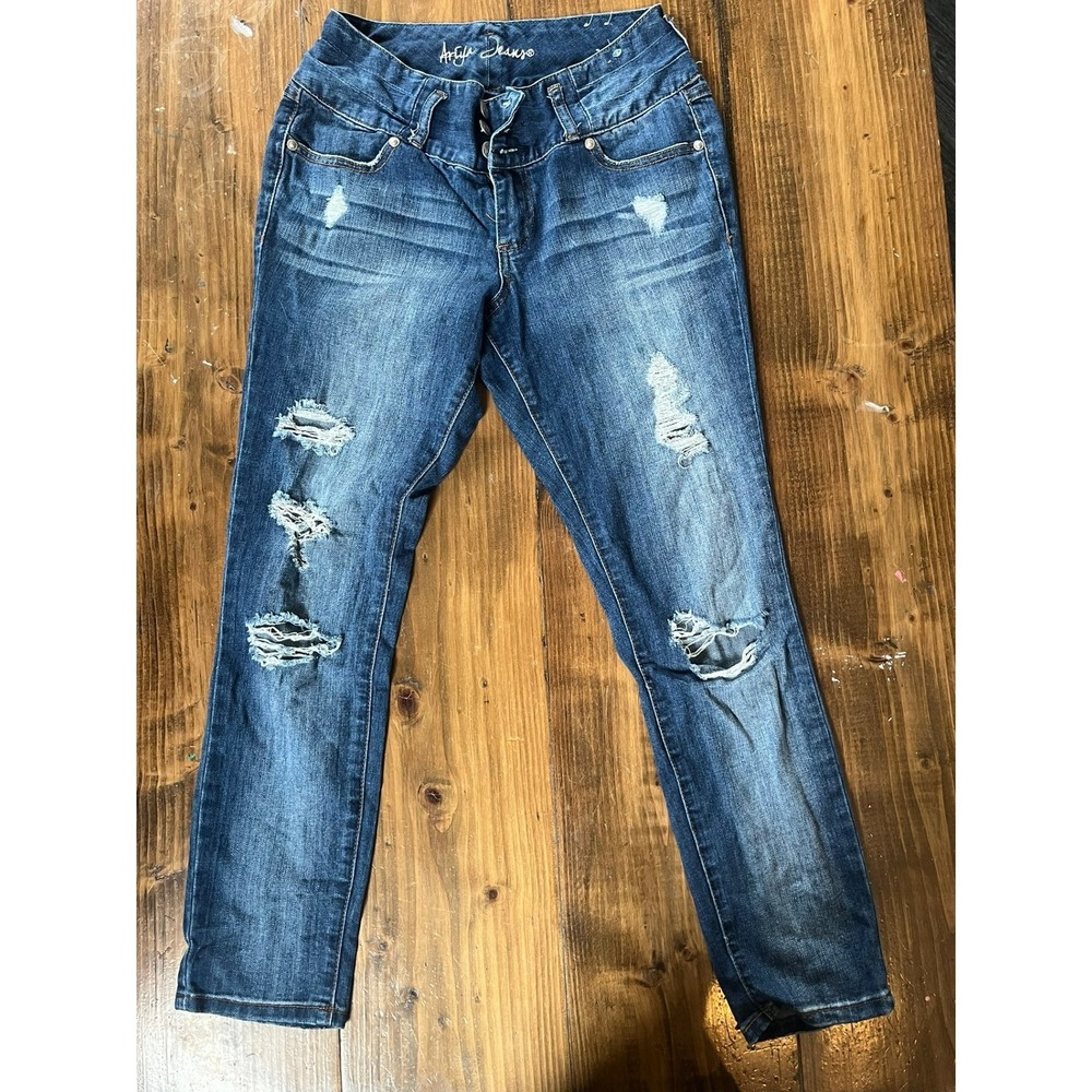 Ariya Jeans Womens 5/6 Distressed Skinny  Medium Wash Triple Button High Rise